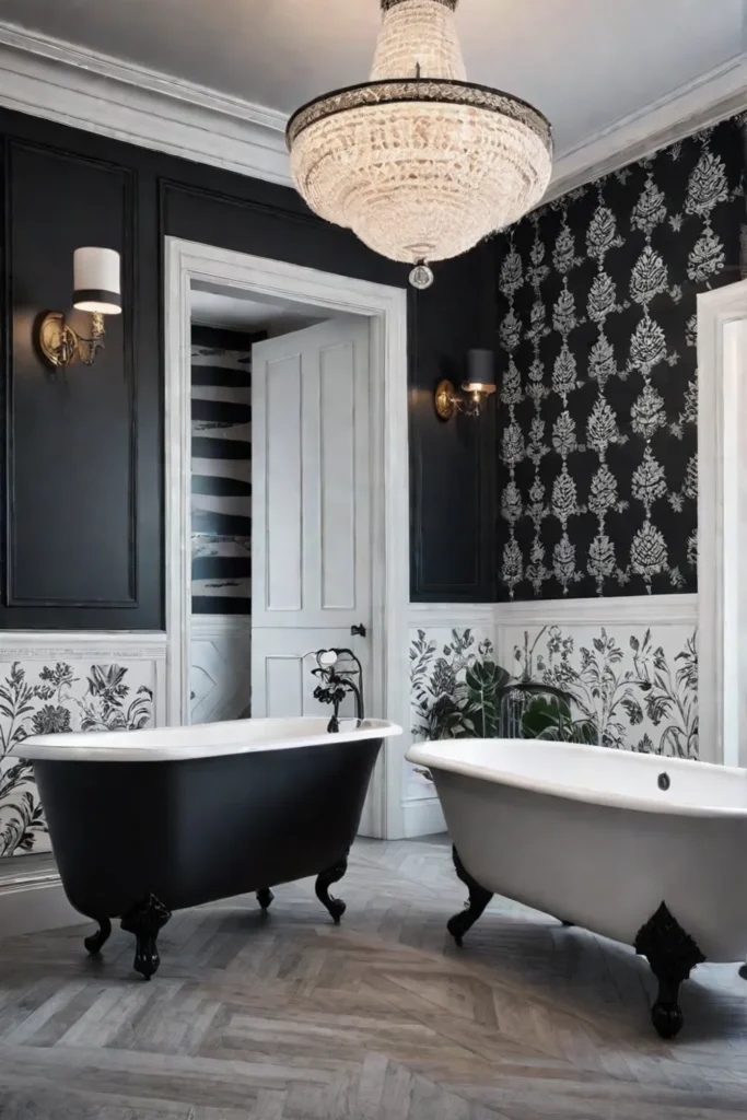 Bathroom with black clawfoot tub and patterned wallpaper