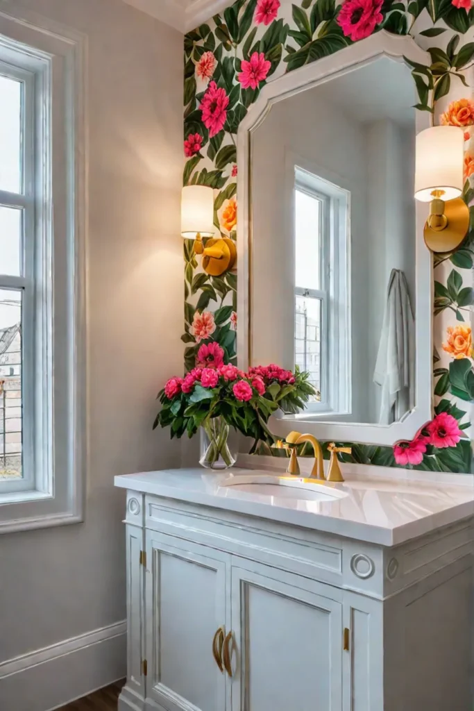 Bathroom with floral wallpaper and white vanity
