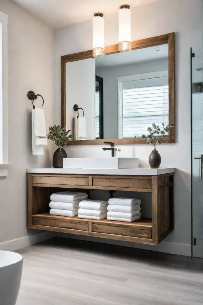 Bathroom with open shelving for storage