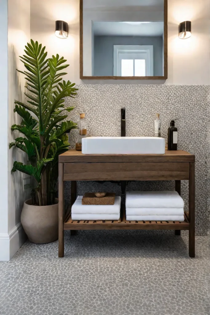 Bathroom with pebble tile flooring and wooden vanity
