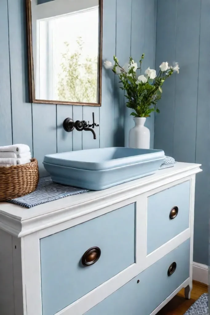 Bathroom with shiplap accent wall and blue vintage vanity