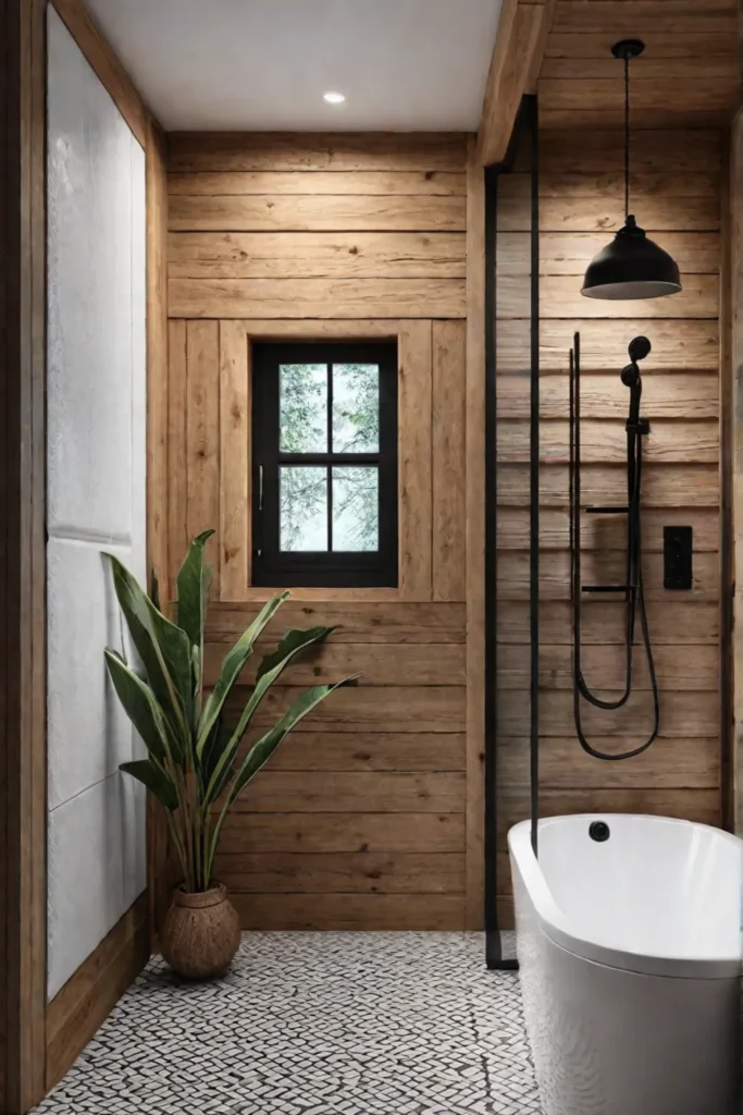 Bathroom with shiplap walls and woodlook tile floor