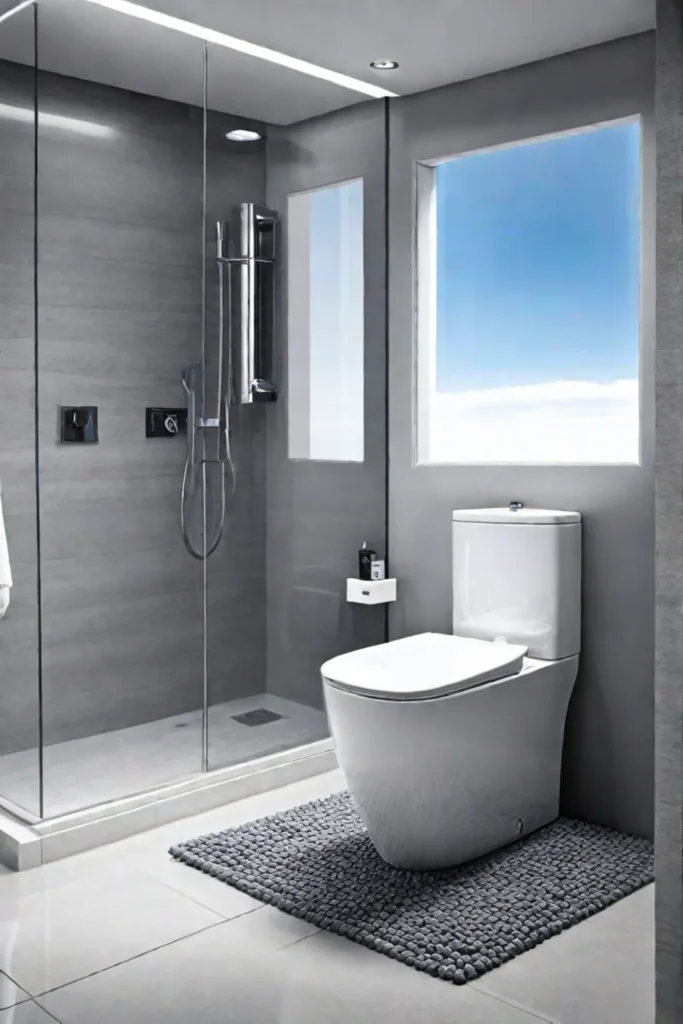 Bathroom with voiceactivated faucet and selfcleaning toilet