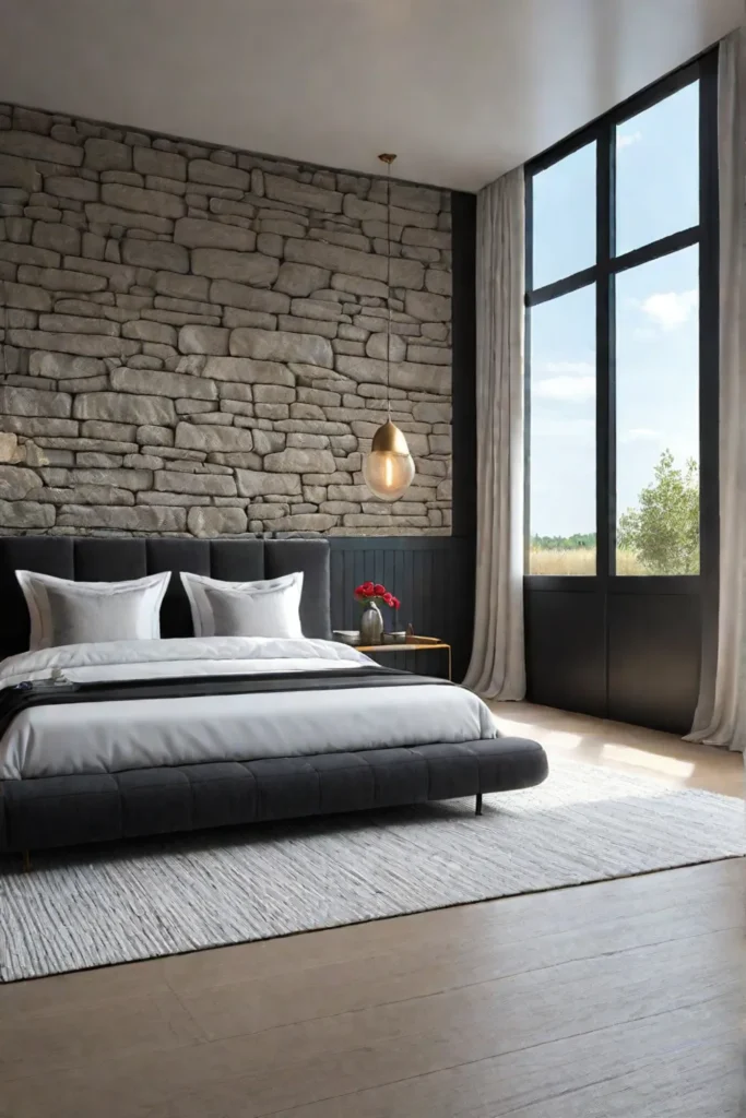 Bedroom emphasizing natural textures with stone jute and linen