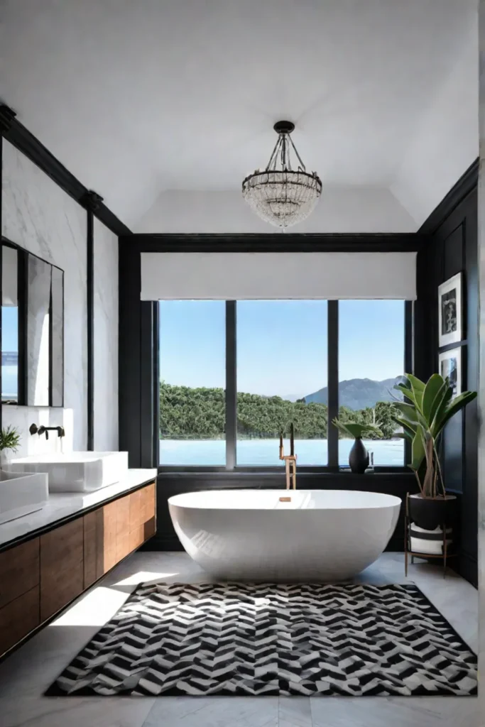 Black and white minimalist bathroom with freestanding tub
