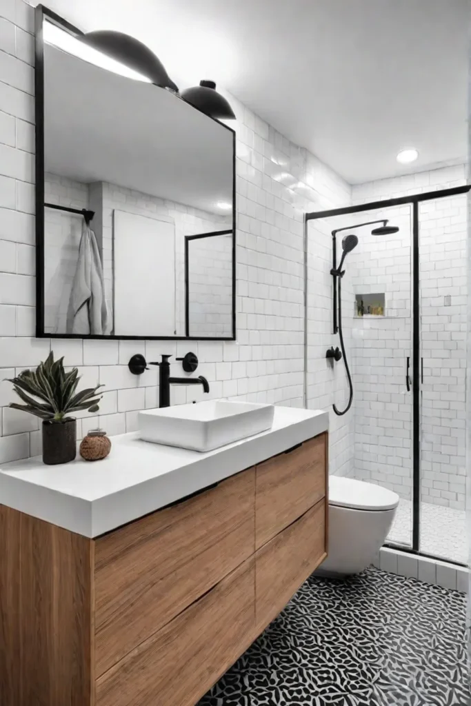Black and white bathroom with white subway tile shower