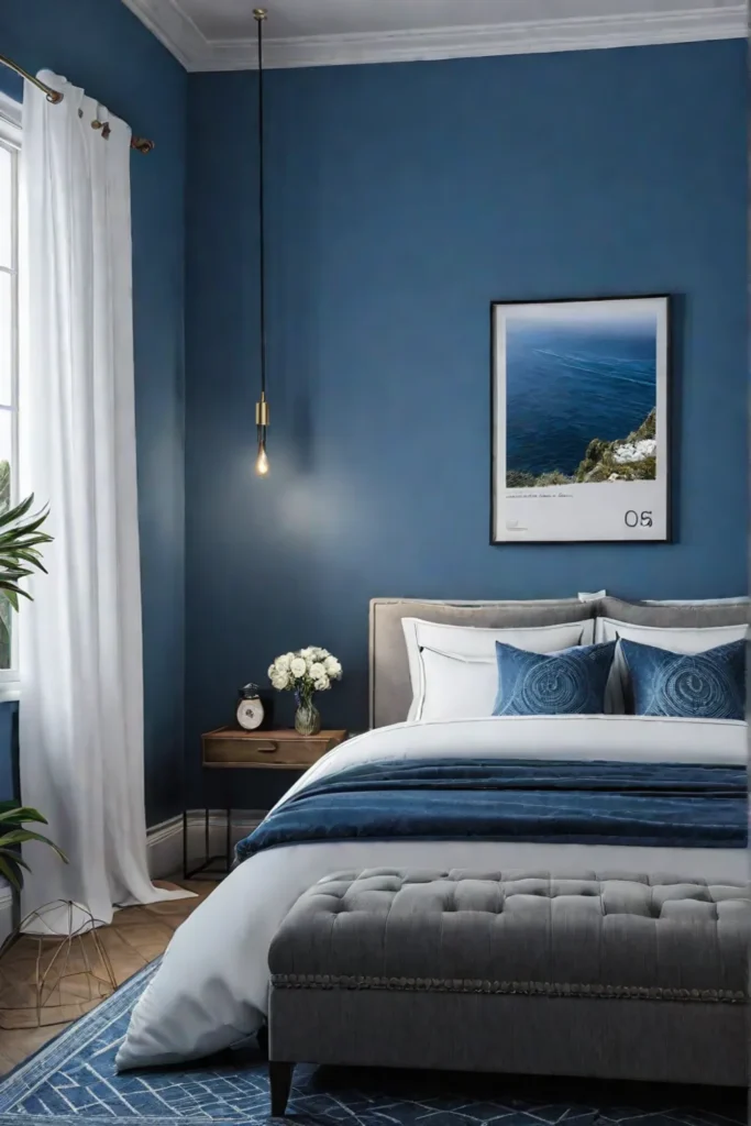 Blue monochromatic bedroom promoting relaxation and calm
