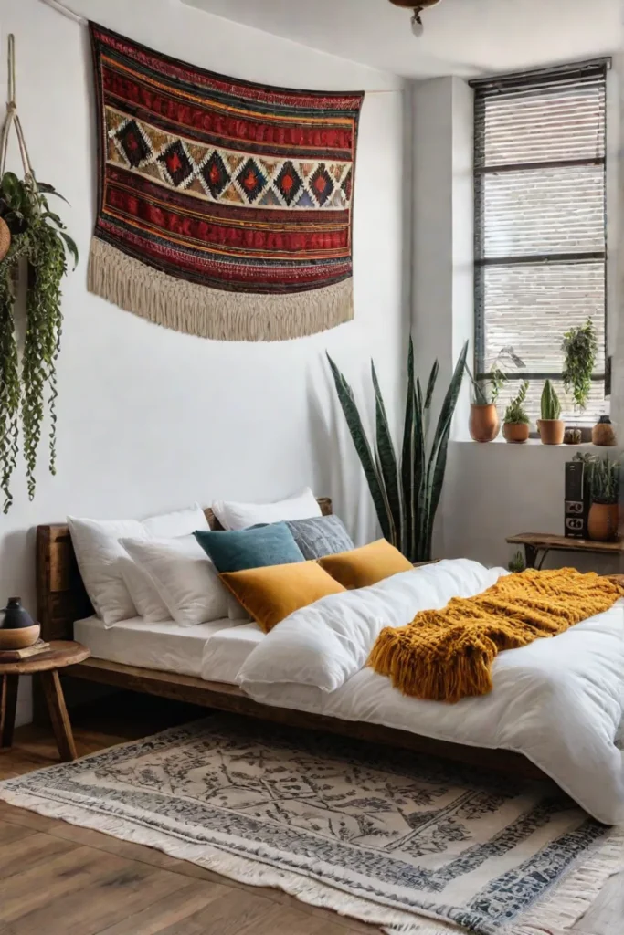 Bohemian apartment bedroom with ethnic textiles