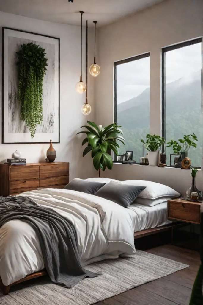 Bohemian apartment bedroom with textiles and greenery