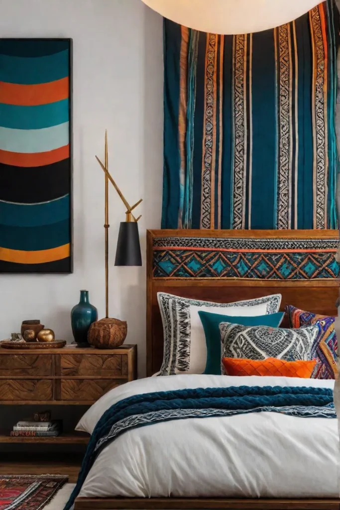 Bohemian apartment bedroom with vibrant colors