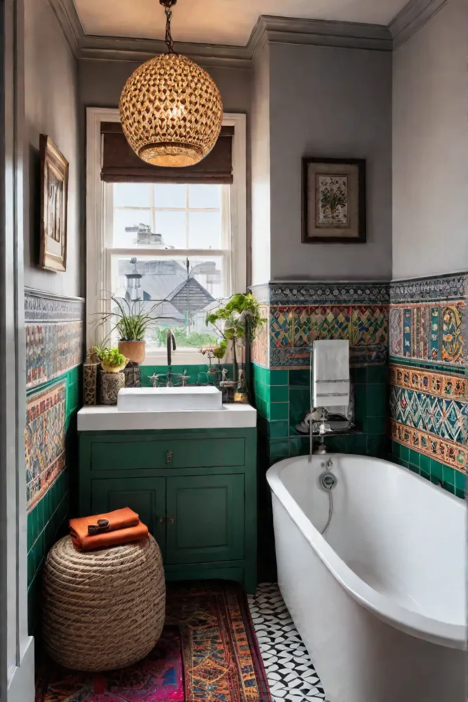 Bohemian bathroom with colorful tiles and patterns