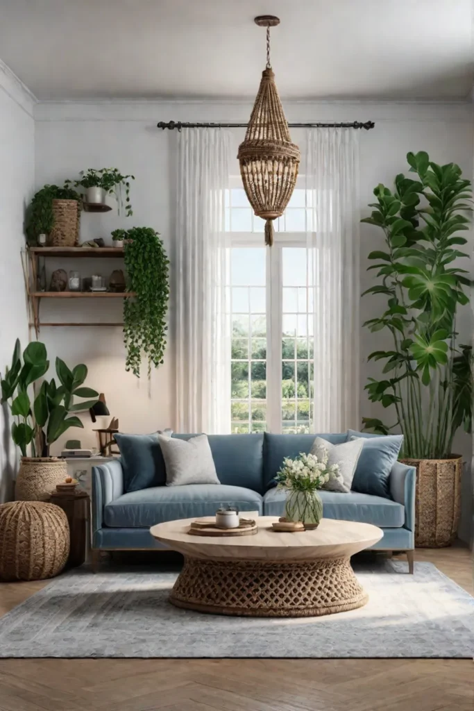 Bohemian living room with macrame baskets and plants