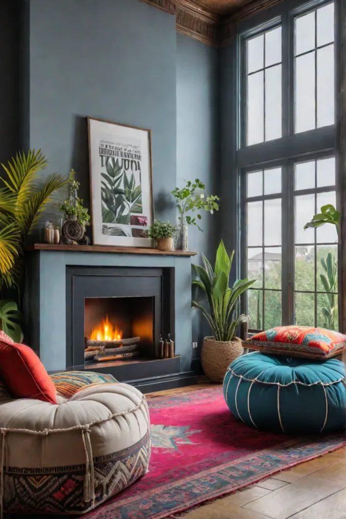Bohemian living room with unique fireplace and colorful decor