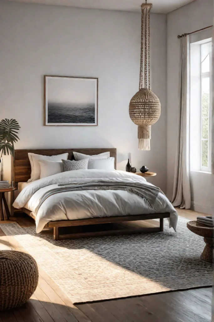 Bohemian minimalist bedroom with focus on textures