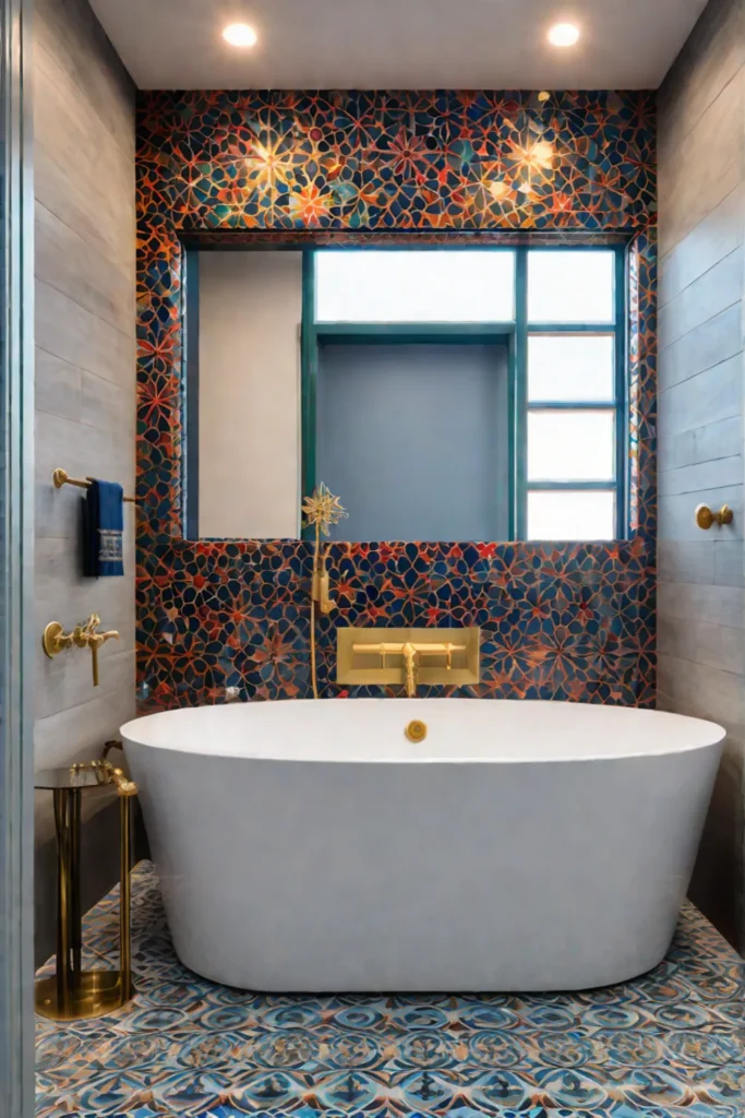 Bohemian bathroom with colorful tile shower and brass grab bars