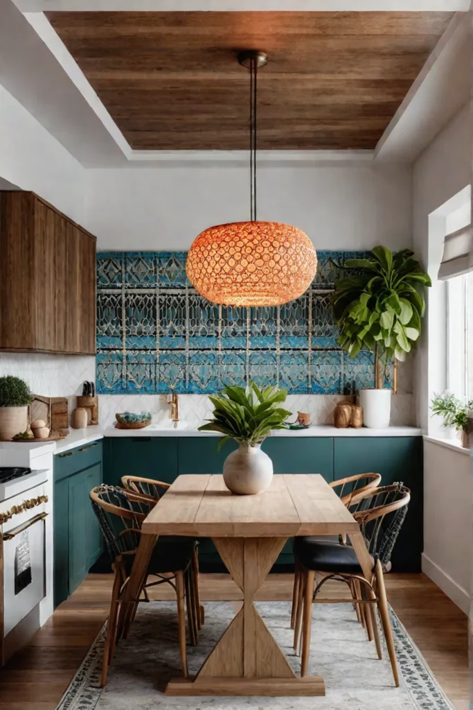 Bohemian kitchen with mosaic tile backsplash and macrame accents