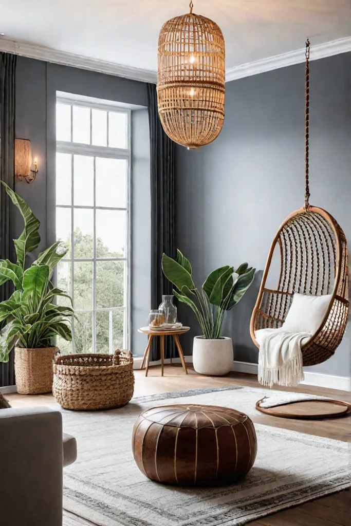 Bohemian living room with rattan and macrame textures