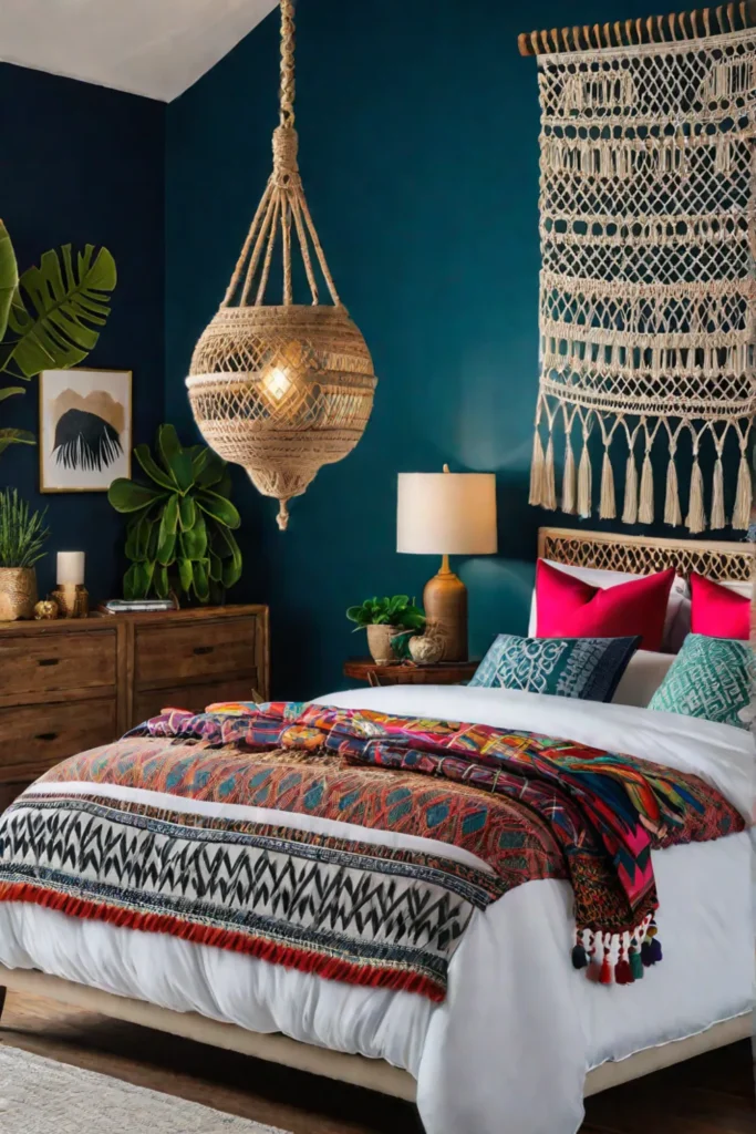 Bohemianchic small bedroom with global patterns and macrame accents