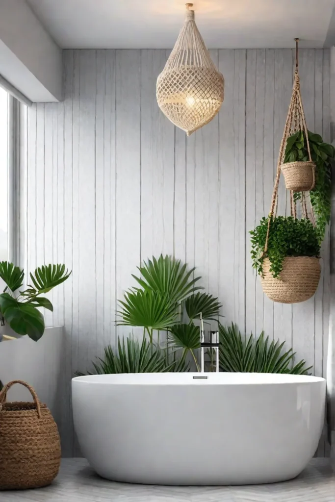 Bohemianinspired minimalist bathroom with macrame and plants