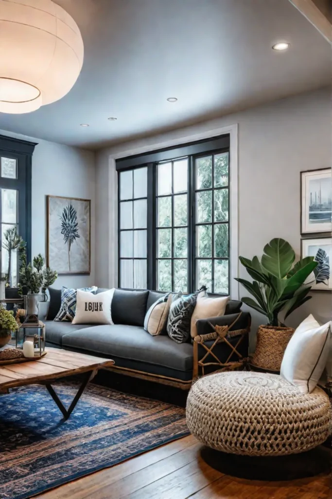 Bohemianstyle rustic chic living room with patterned textiles and global decor