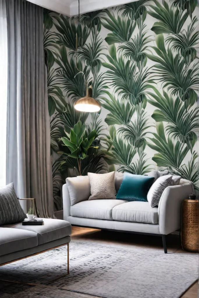Botanical wallpaper and washi tape living room