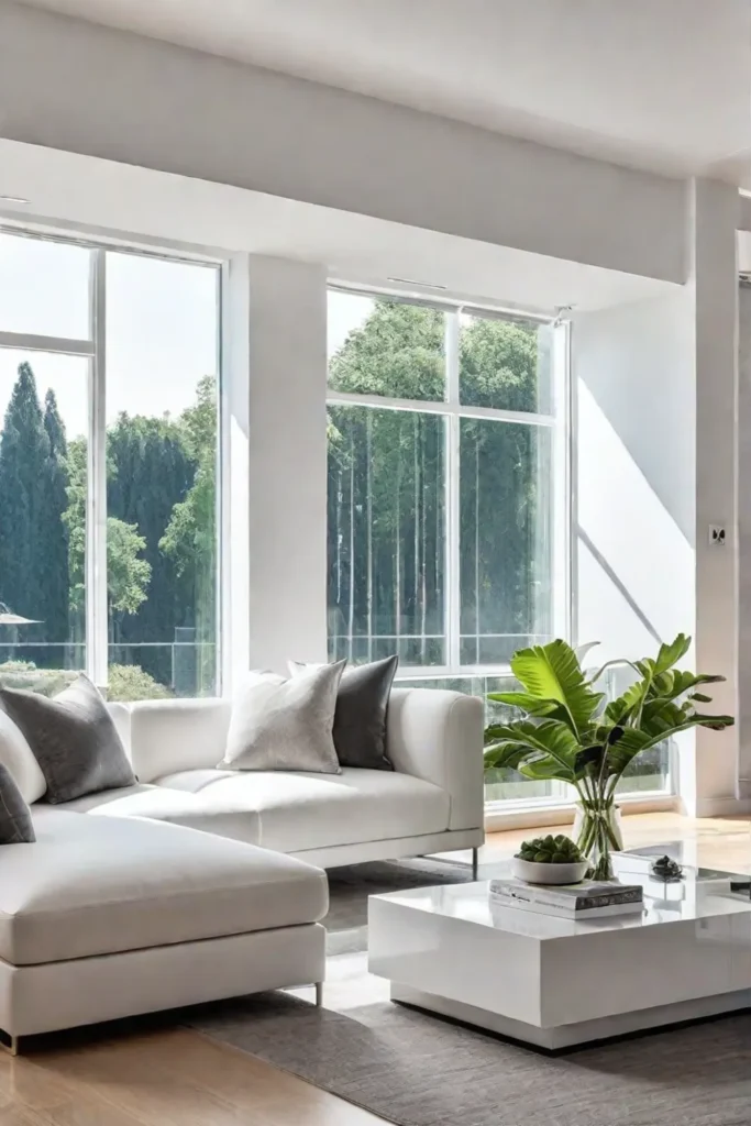 Bright and airy white living room with large window and white sofa