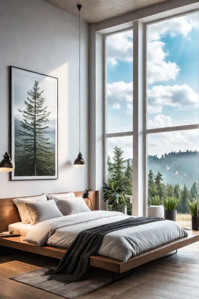 Bright minimalist bedroom with panoramic views and natural wood accents