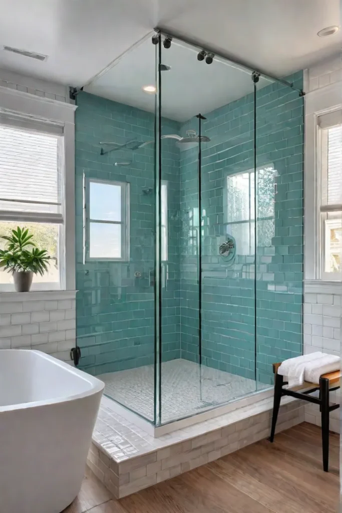 Bright and airy small bathroom with a corner shower and hexagonal floor tiles
