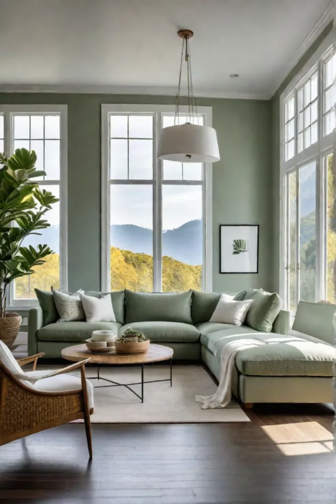 Calm and serene living room with sage green walls and white furniture