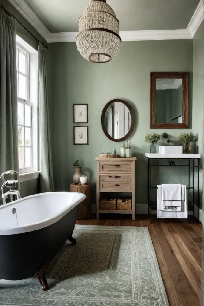 Calming bathroom with green walls and natural wood accents