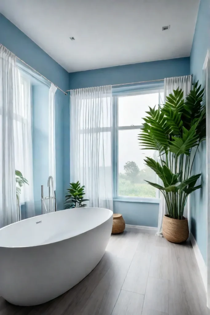 Calming blue bathroom with natural light and greenery