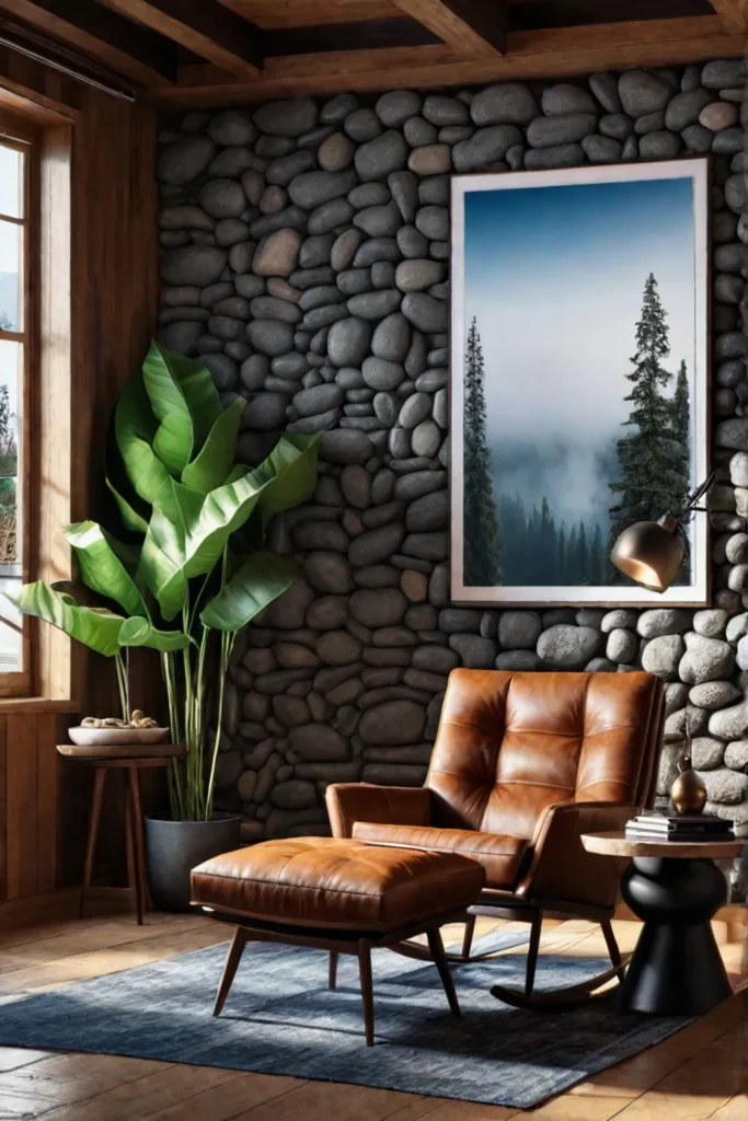 Charming rustic living room with stone accent wall and leather loveseat