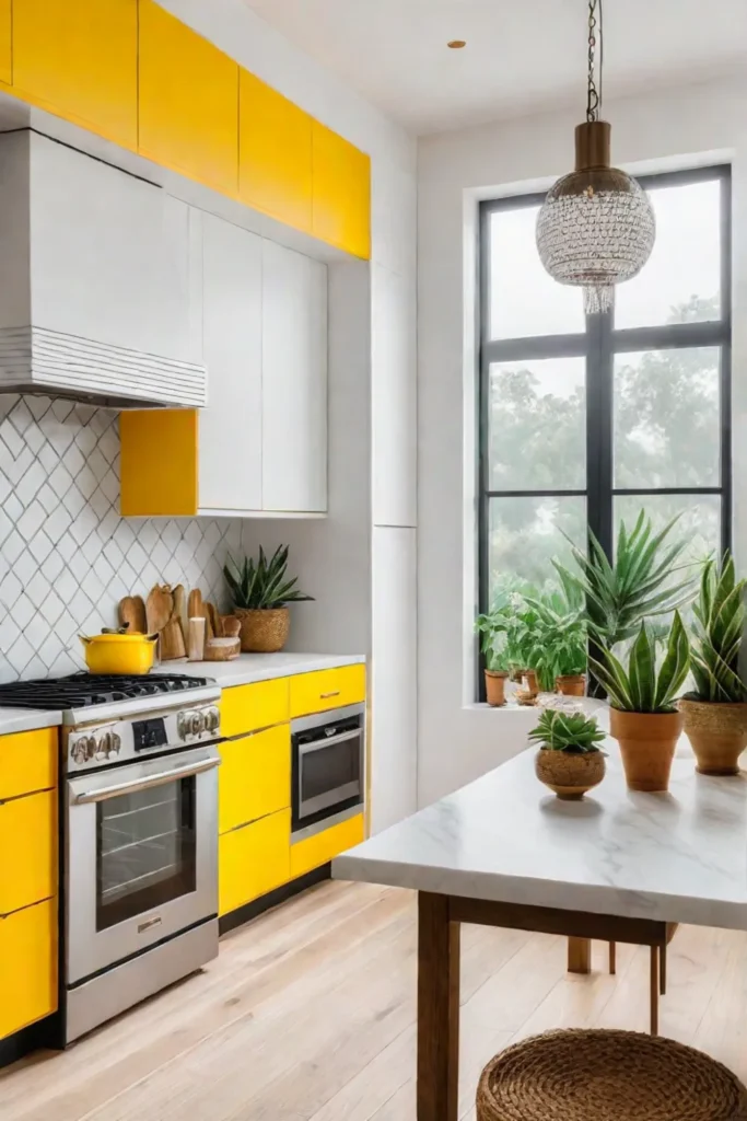 Cheerful kitchen with DIY island and potted plants