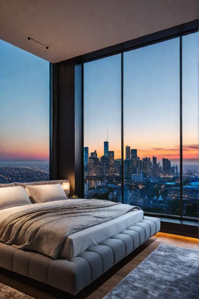 City bedroom with floating bed and ambient lighting