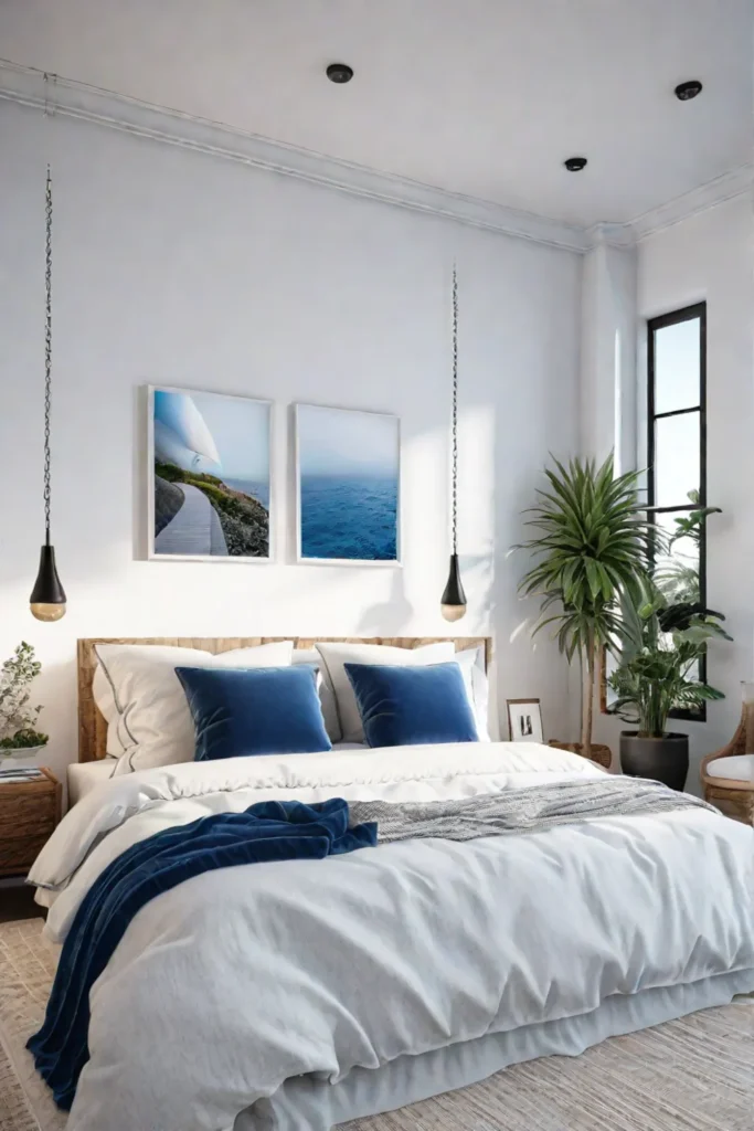 Coastal apartment bedroom with whitewashed walls