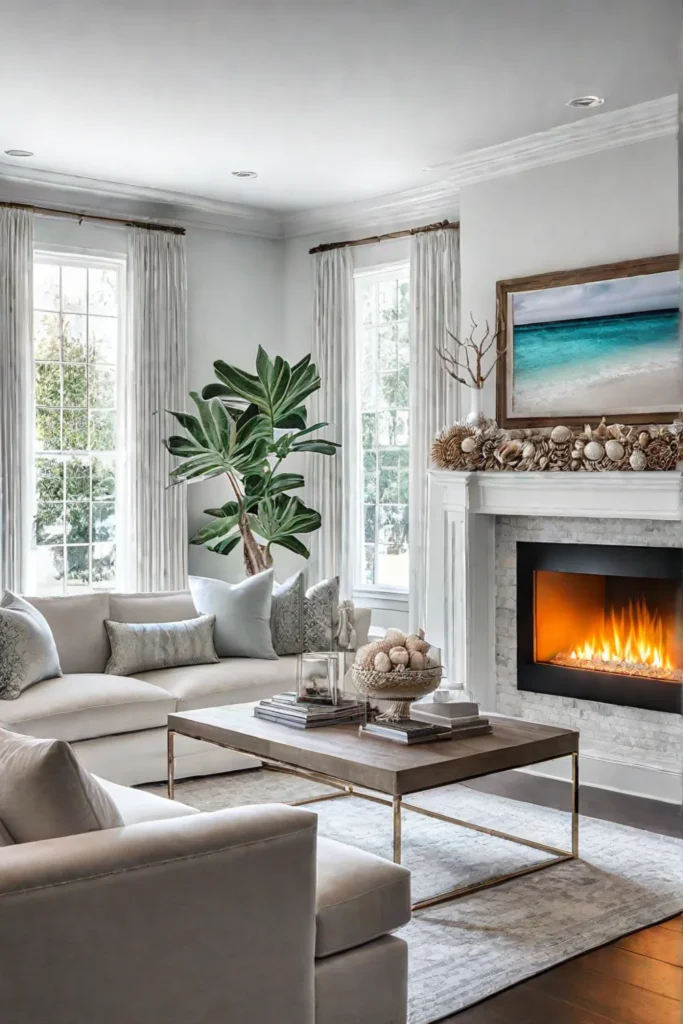 Coastal living room with beachinspired fireplace and light furniture