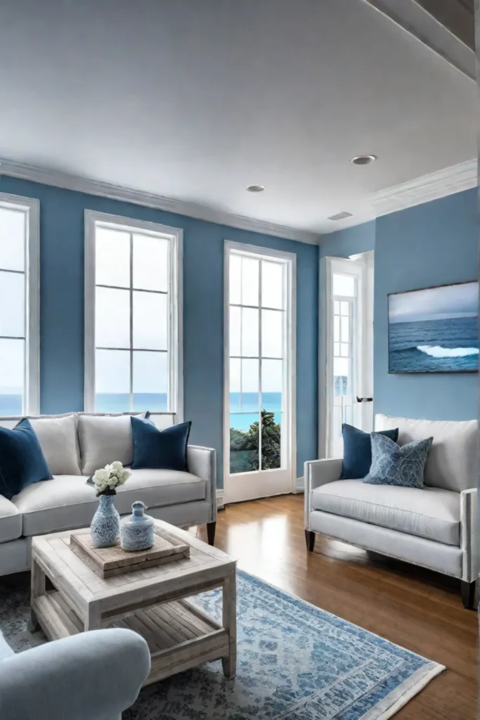 Coastal living room with soft blue walls