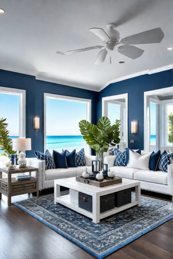 Coastal living room with soft blue walls and white furniture