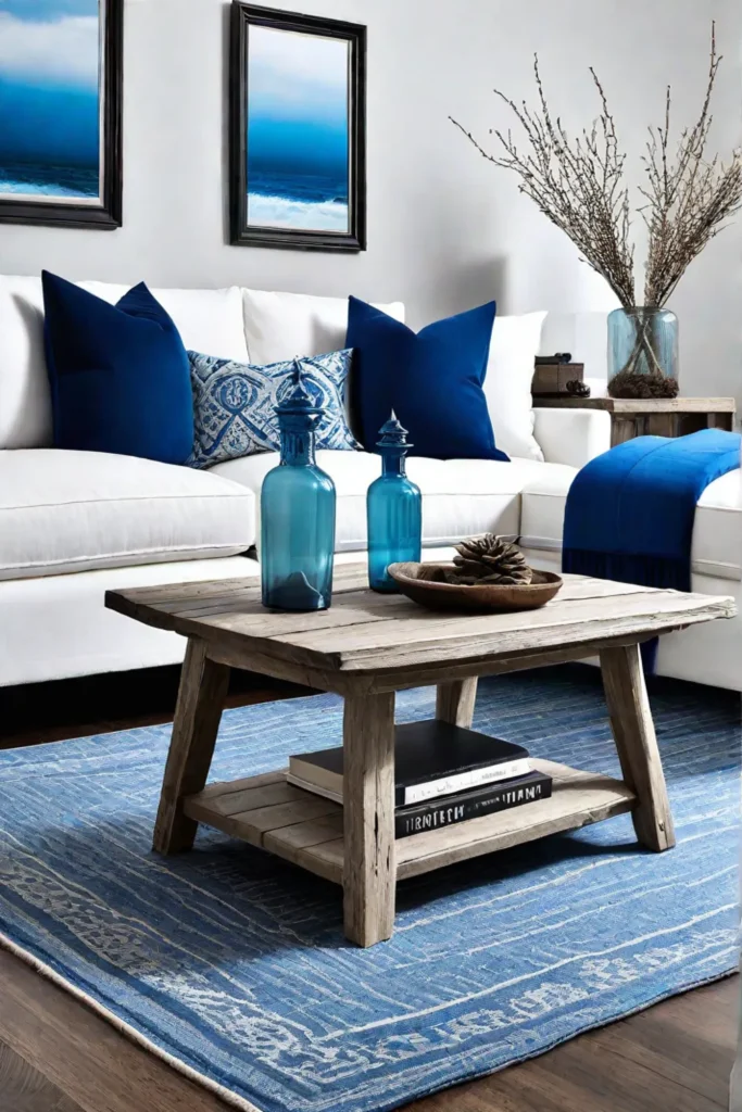 Coastal white living room with blue accents and driftwood coffee table