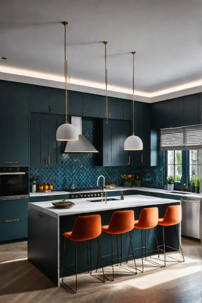 Colorful kitchen with playful pendant lighting