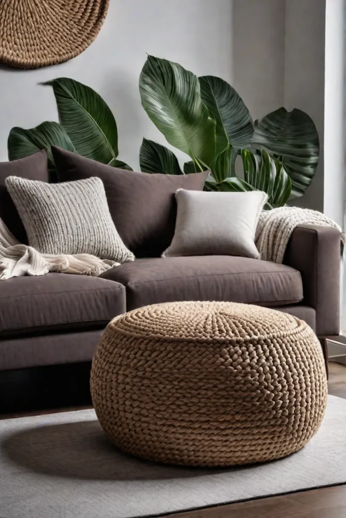 Comfortable living room with plush furniture faux fur and woven baskets