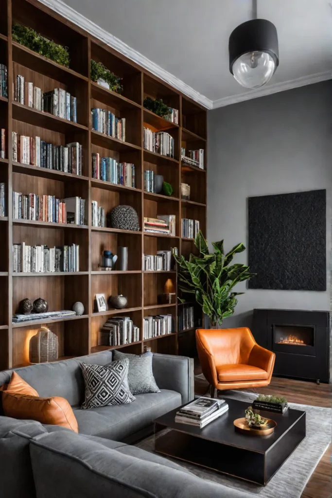 Compact living room maximizing vertical space with bookshelves