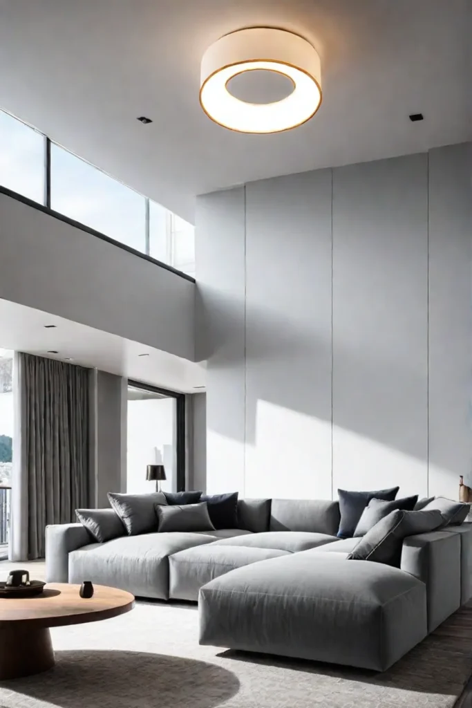 Contemporary white living room with large sectional sofa and statement light