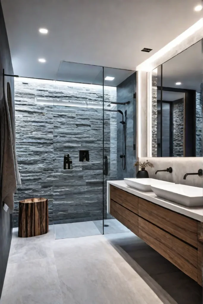 Contemporary shower design with stone and wood textures