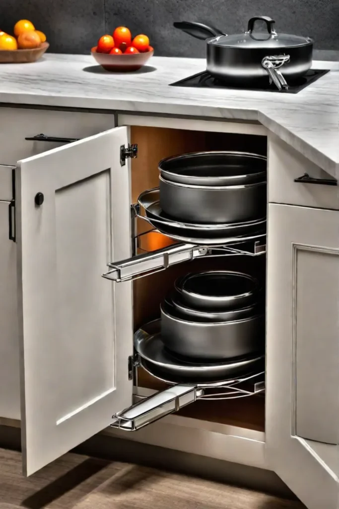 Corner cabinet with pullout shelves storing pots and pans