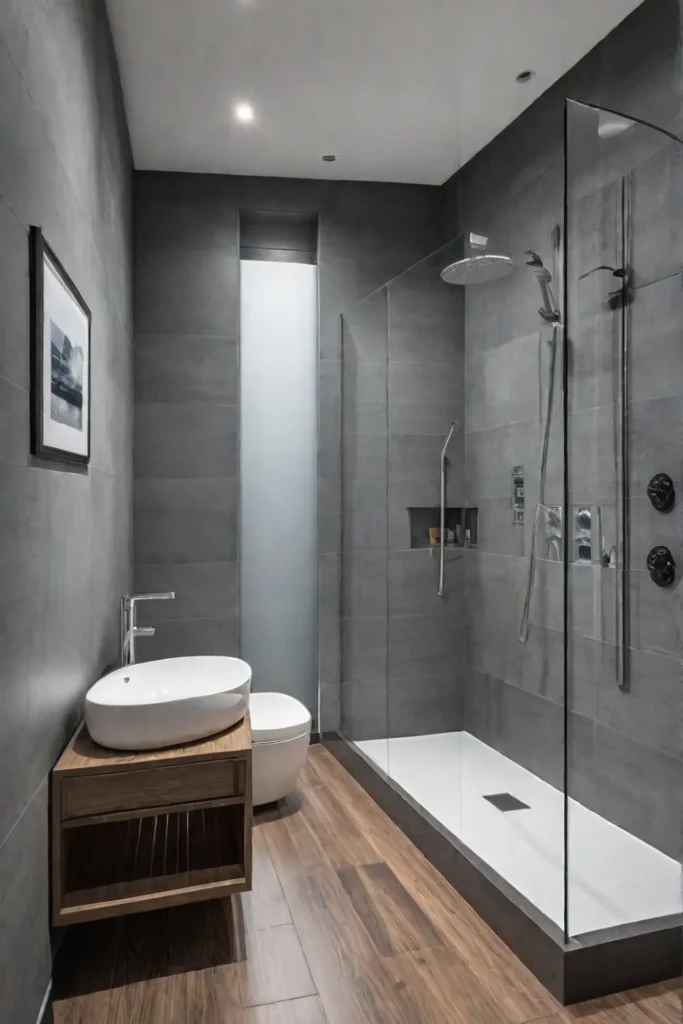 Corner shower with sliding glass door and builtin bench in a small bathroom