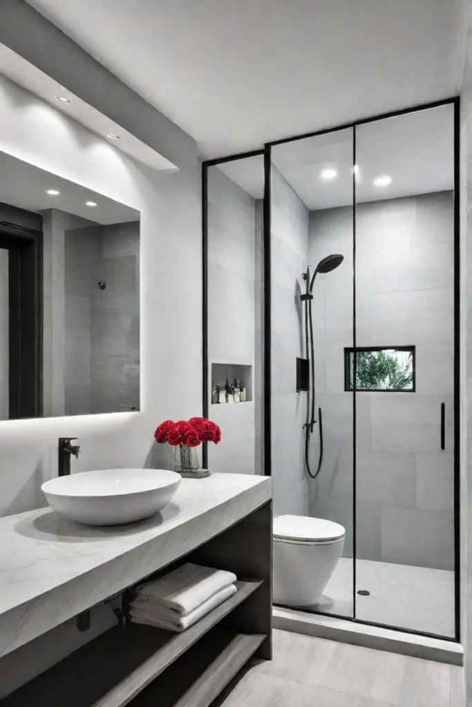 Corner shower with sliding glass door and builtin shelves in a small bathroom