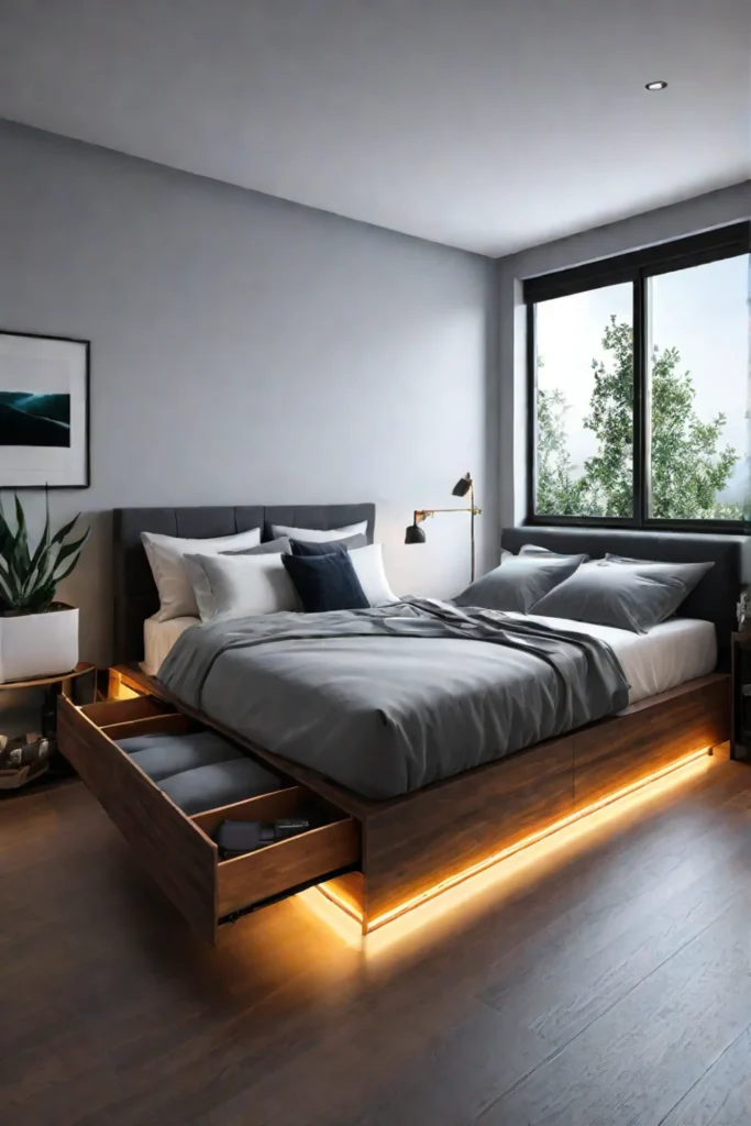 Cozy apartment bedroom with multifunctional bed frame