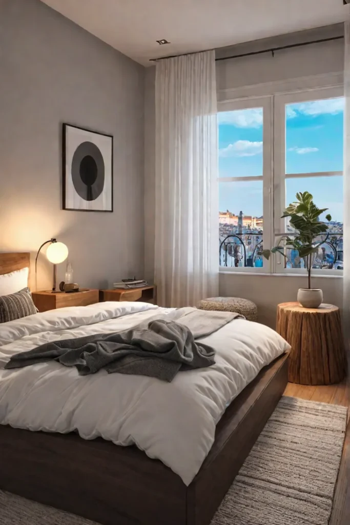 Cozy apartment bedroom with warm lighting