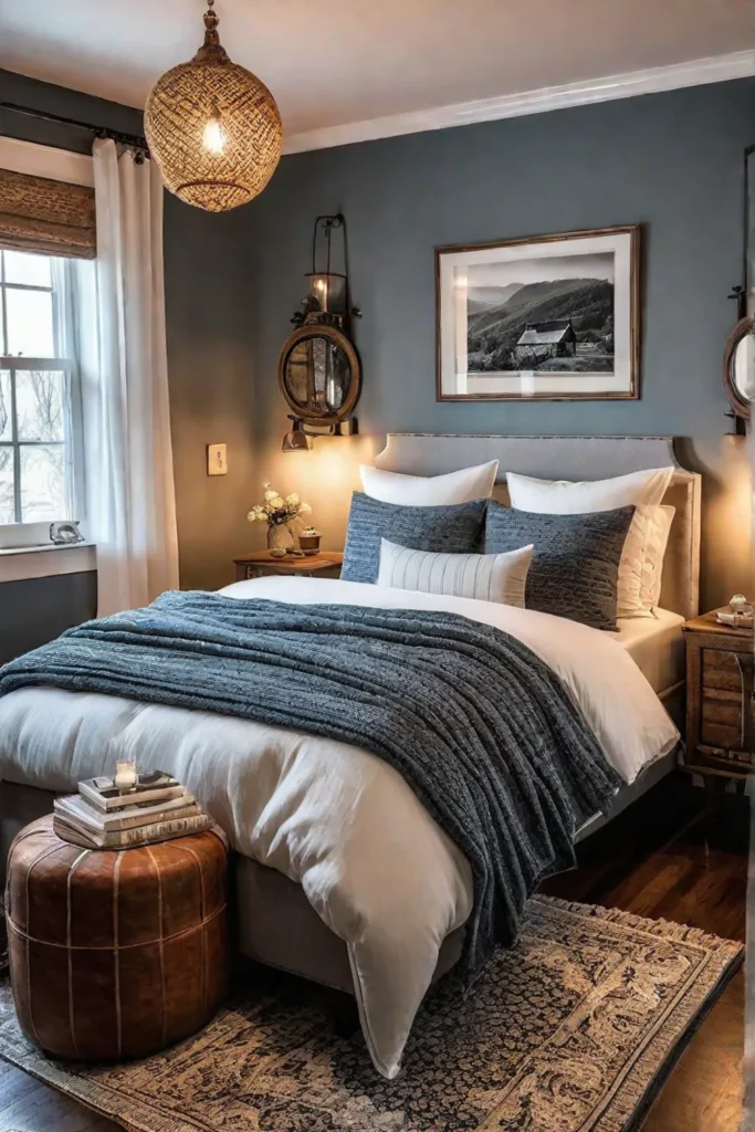 Cozy cottage small bedroom with plush textiles and vintage patterns